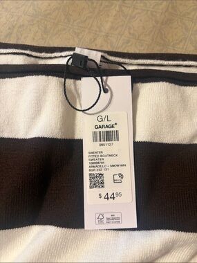 Garage Fitted Boatneck Sweater - Brown & White Stripes, Size G/L